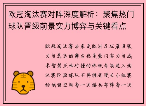欧冠淘汰赛对阵深度解析：聚焦热门球队晋级前景实力博弈与关键看点